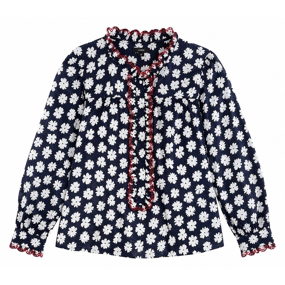J Crew Floral Ruffle Neck Blouse M Americana Daisy Cottagecore  Embroidered Top
